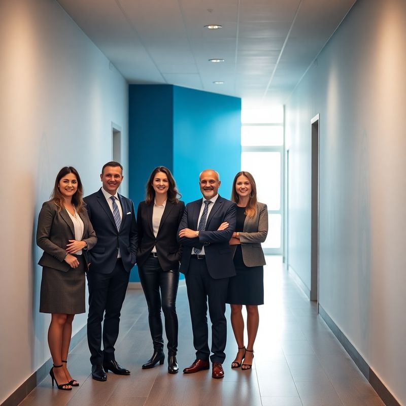 Portret de grup al echipei AdvisoryBeacon pe holul biroului